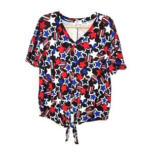 Liberty Park Star Print Patriotic Top Tie Front Short Sleeve Soft V Neck Medium